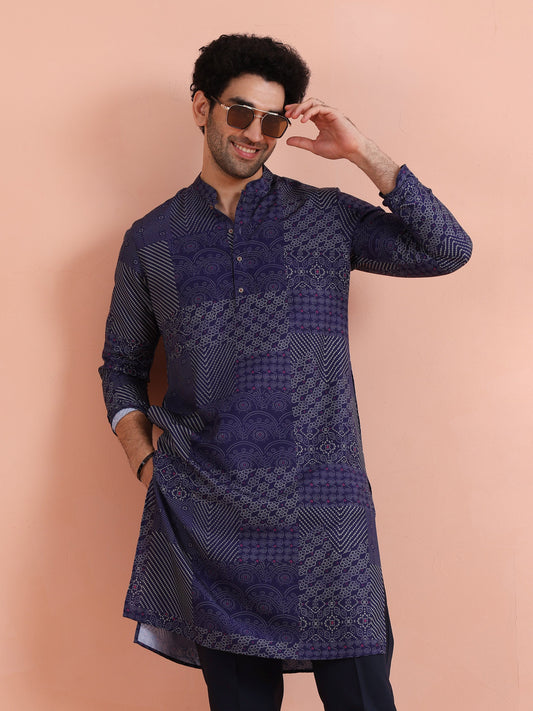Navy Blue Art Silk Printed Long Kurta