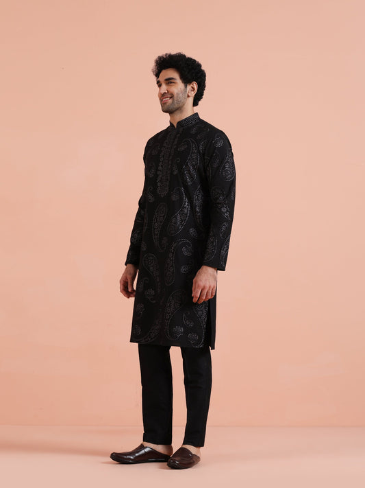 Black Embroidered Silk Blend Kurta
