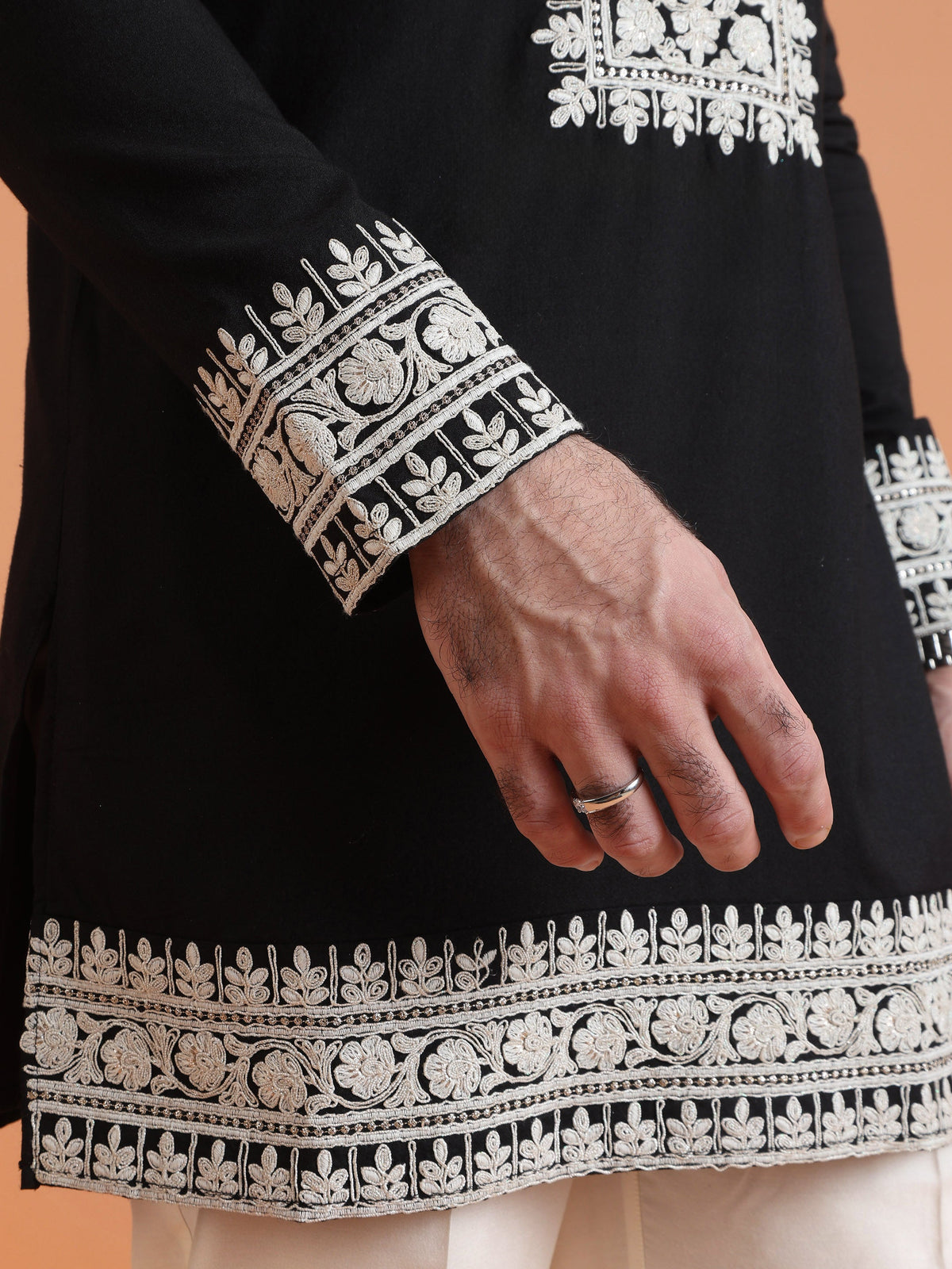 Black Cotton Silk Embroidered Mid Kurta