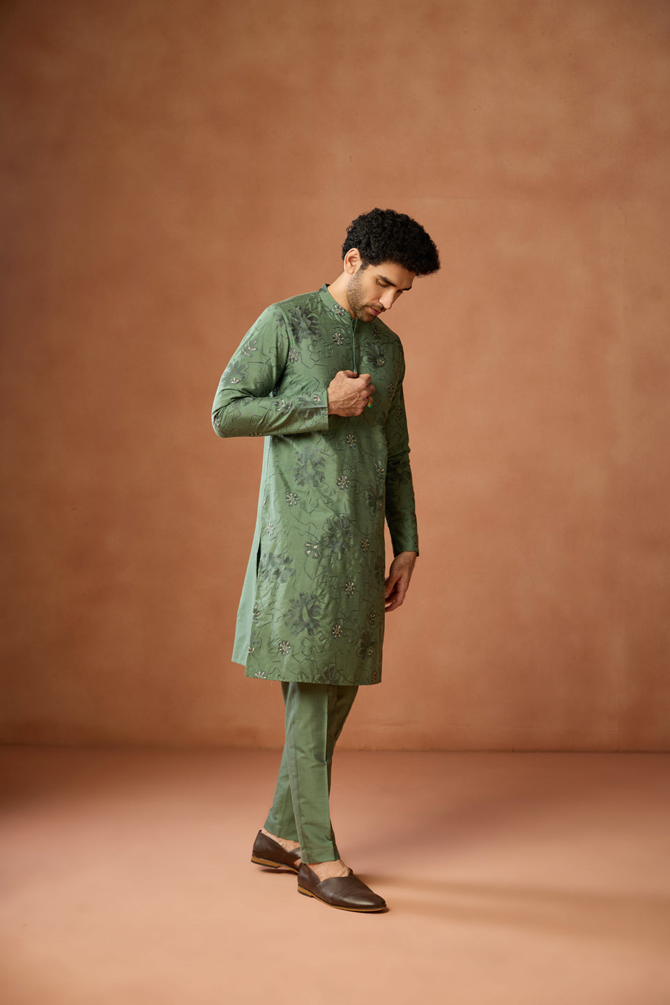 Green Floral Embroidered Silk Kurta