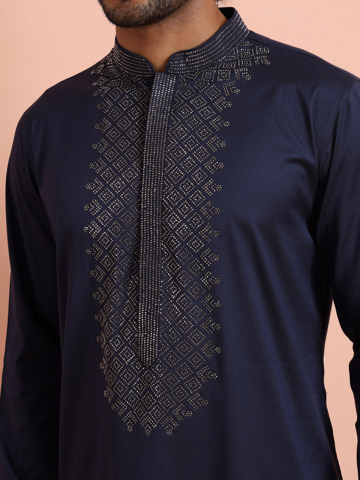 Navy Kurta with Geometric Embroidery