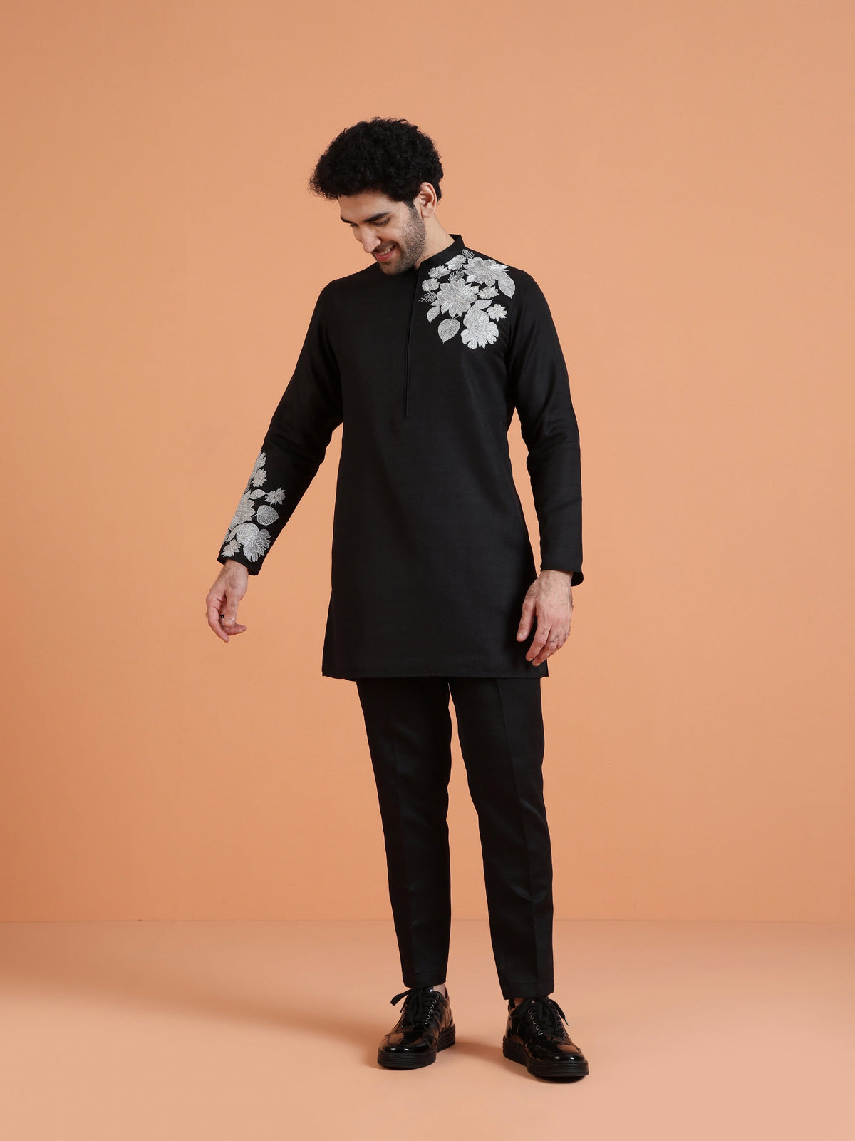 Black Cotton Silk Floral Embroidered Kurta