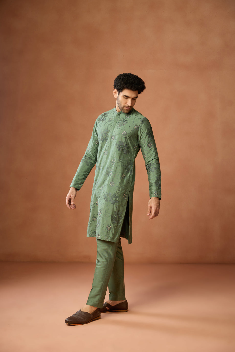 Green Floral Embroidered Silk Kurta
