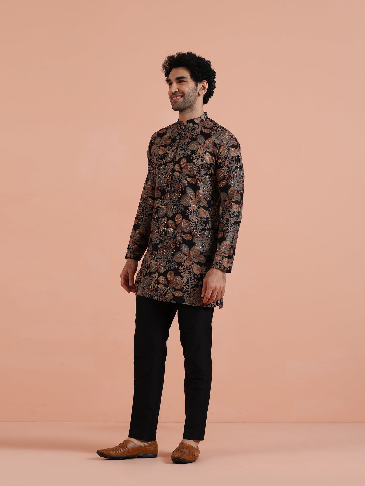 Black Kurta with Golden Floral Print