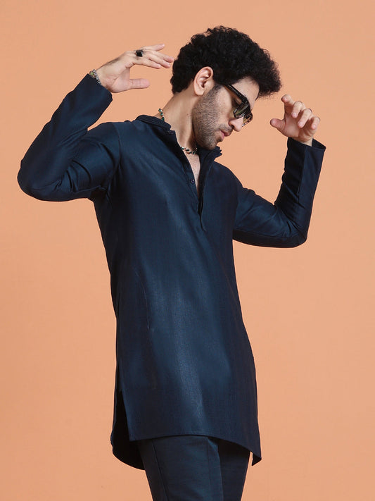Navy Blue Silk Blend Solid Mid Kurta