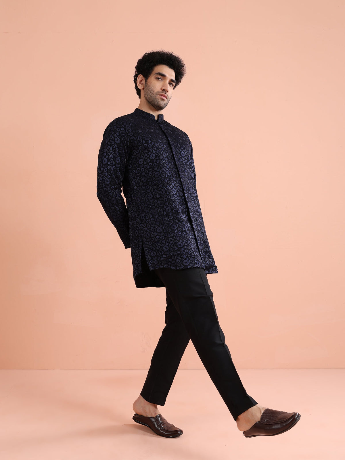 Navy Blue Velvet Embroidered Mid Kurta