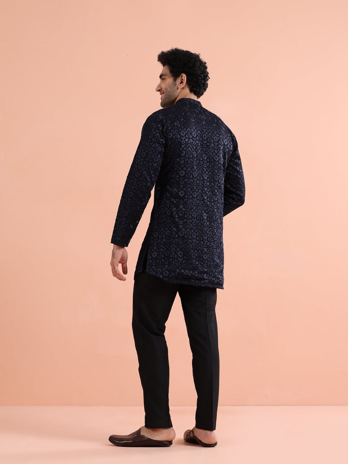 Navy Blue Velvet Embroidered Mid Kurta