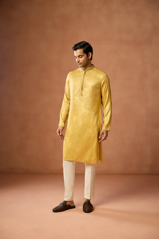 Golden Yellow Silk Blend Embroidered Kurta