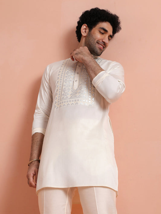 Cream Cotton Silk Embroidered Mid Kurta