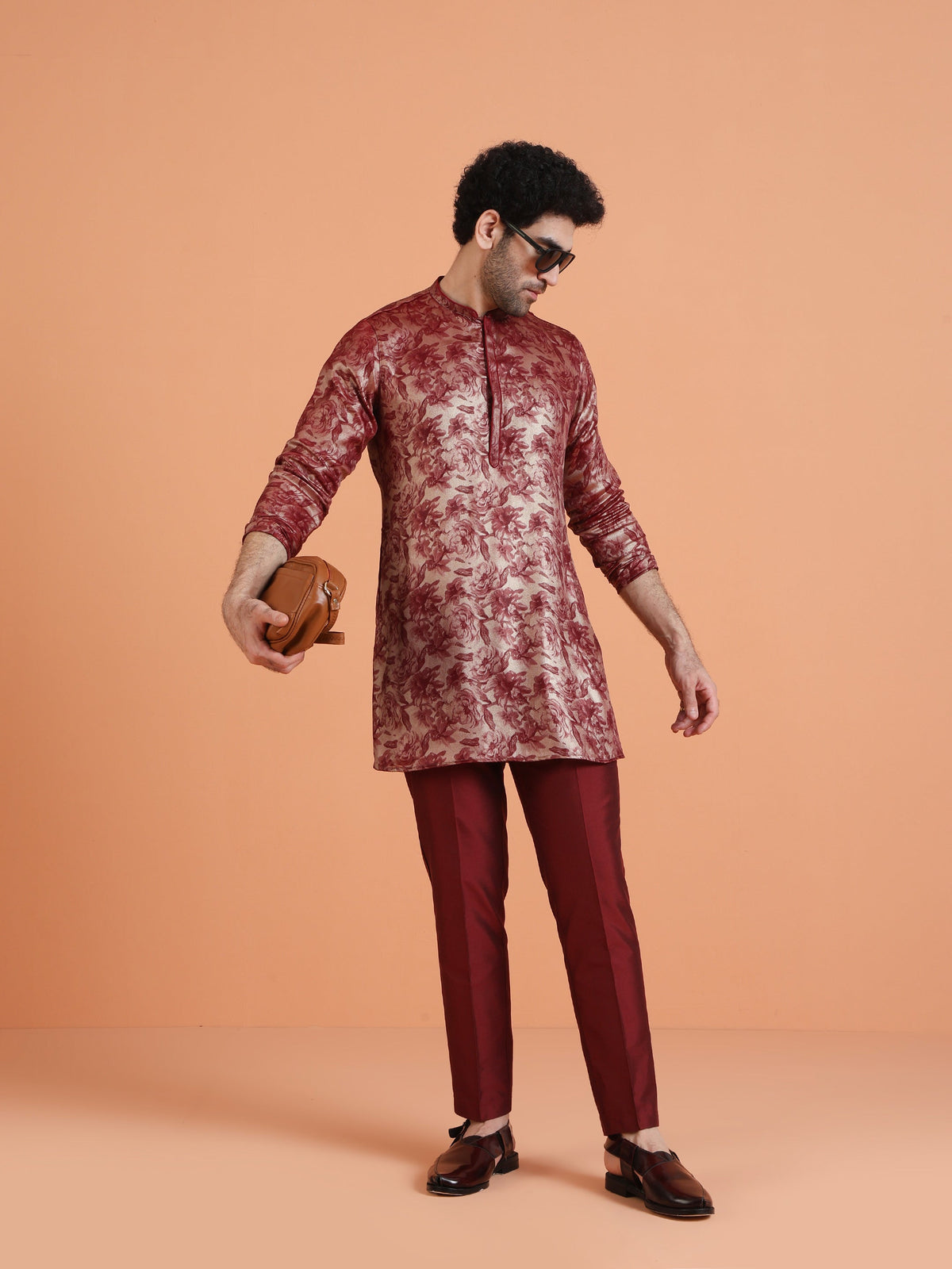 Maroon Art Silk Floral Mid Kurta