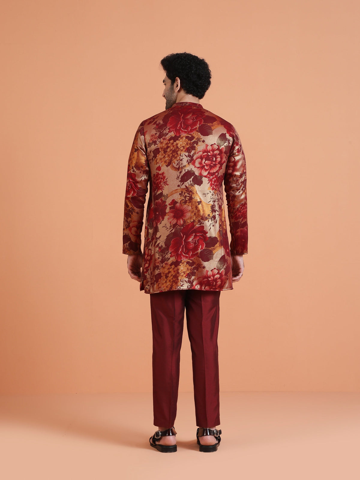 Maroon Art Silk Bold Floral Mid Kurta