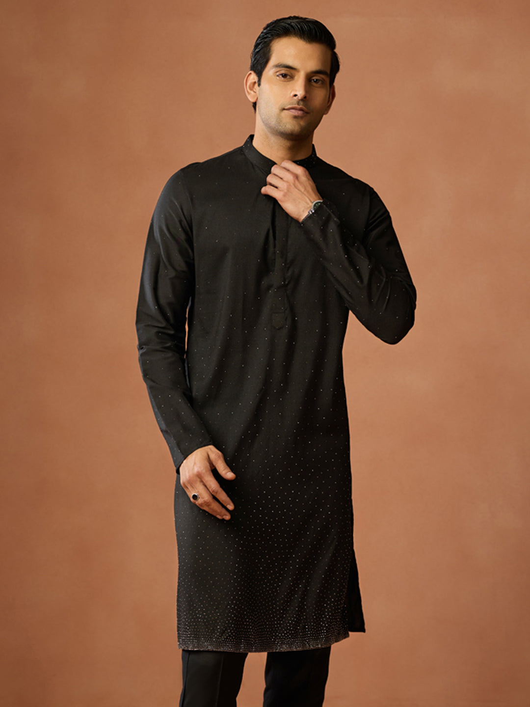 Black Silk Blend Embellished Long Kurta