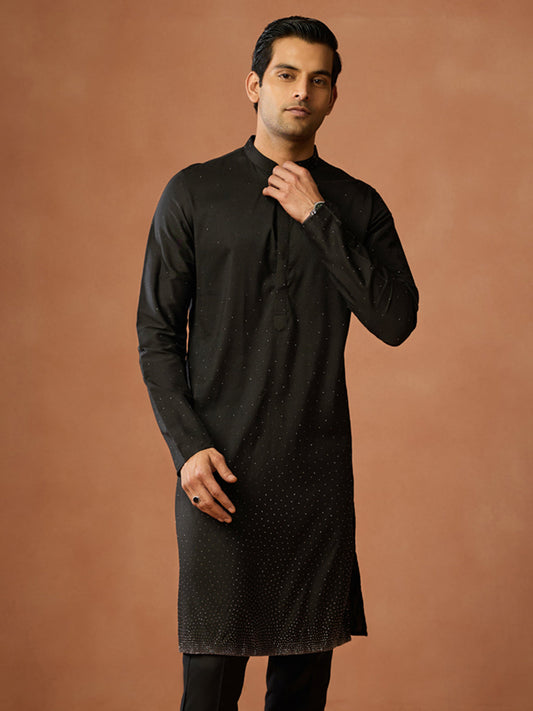 Black Silk Blend Embellished Long Kurta