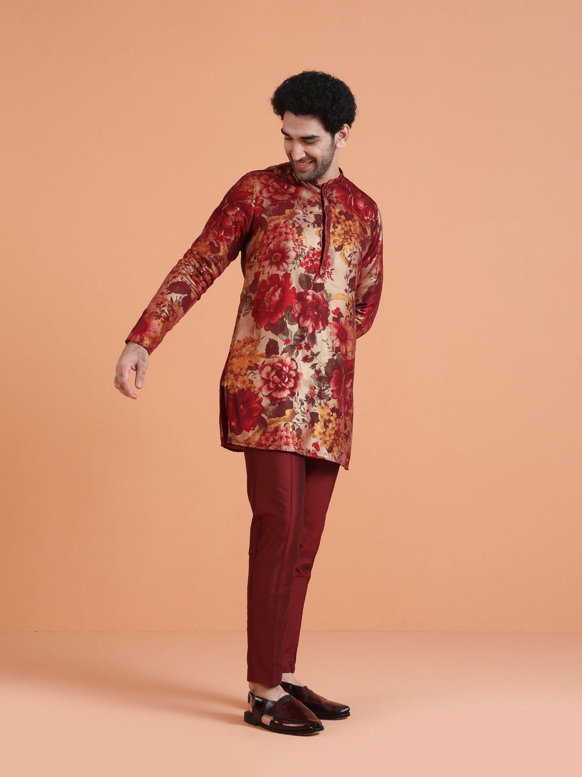 Maroon Art Silk Bold Floral Mid Kurta