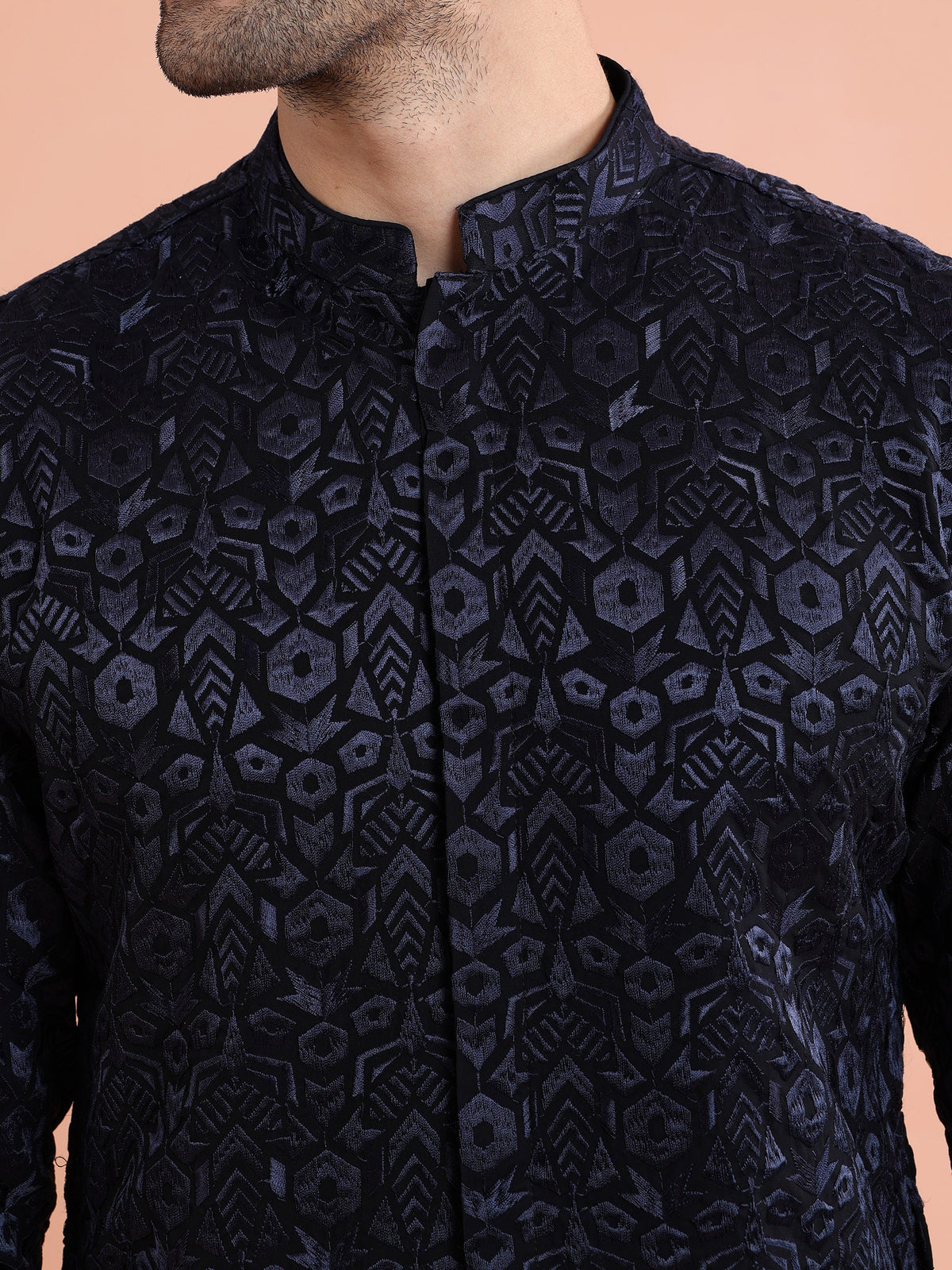 Navy Blue Velvet Embroidered Mid Kurta