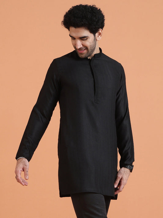 Black Silk Blend Solid Mid Kurta