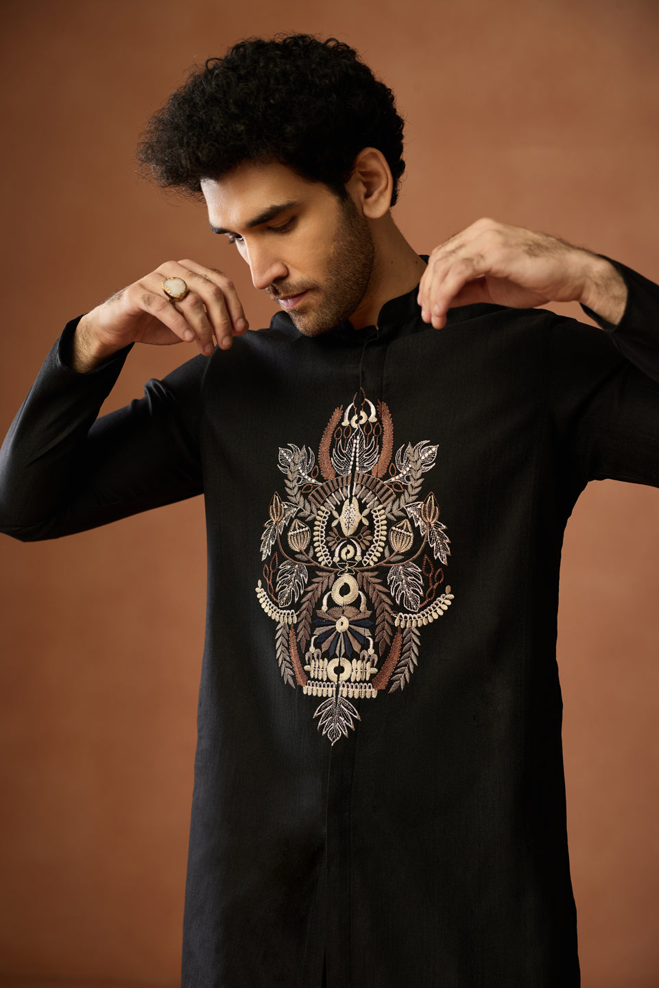 Black Silk Blend Embroidered Front Open Kurta