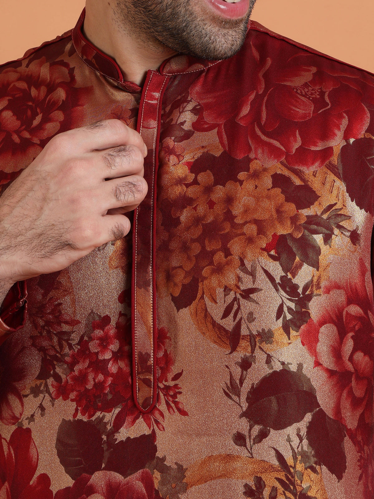 Maroon Art Silk Bold Floral Mid Kurta