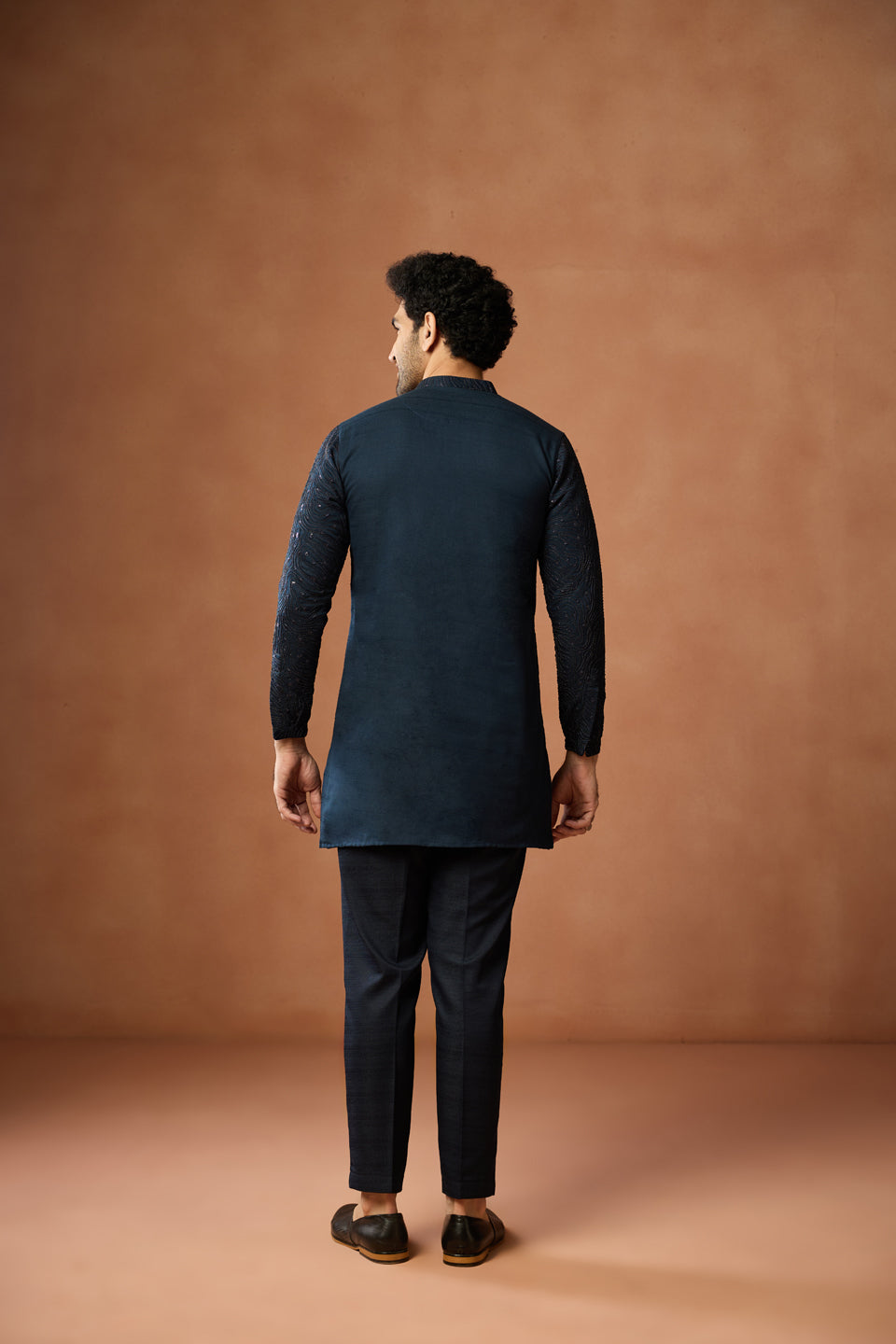 Navy Blue Silk Blend Embroidered Mid Kurta