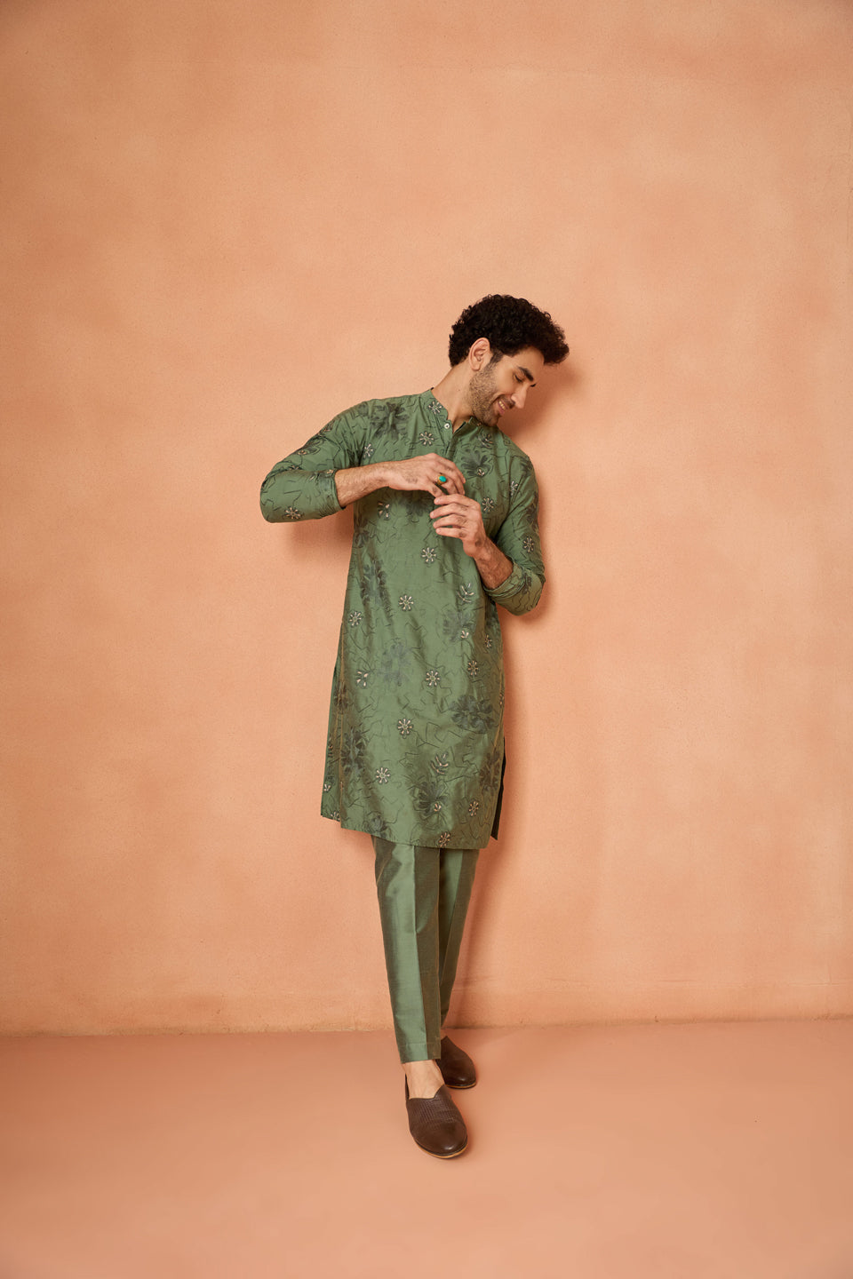 Green Floral Embroidered Silk Kurta
