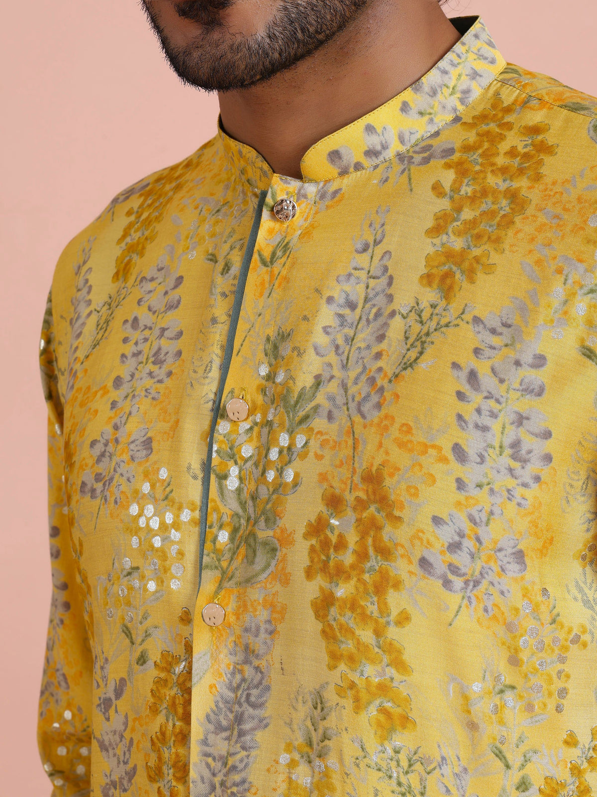 Yellow Floral Sequinned Mid Kurta
