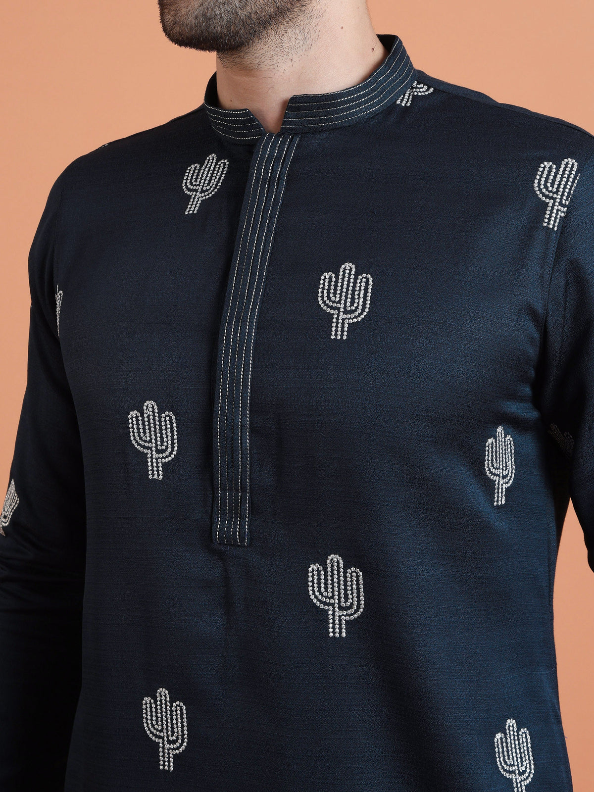 Navy Blue Cotton Silk Embroidered Kurta