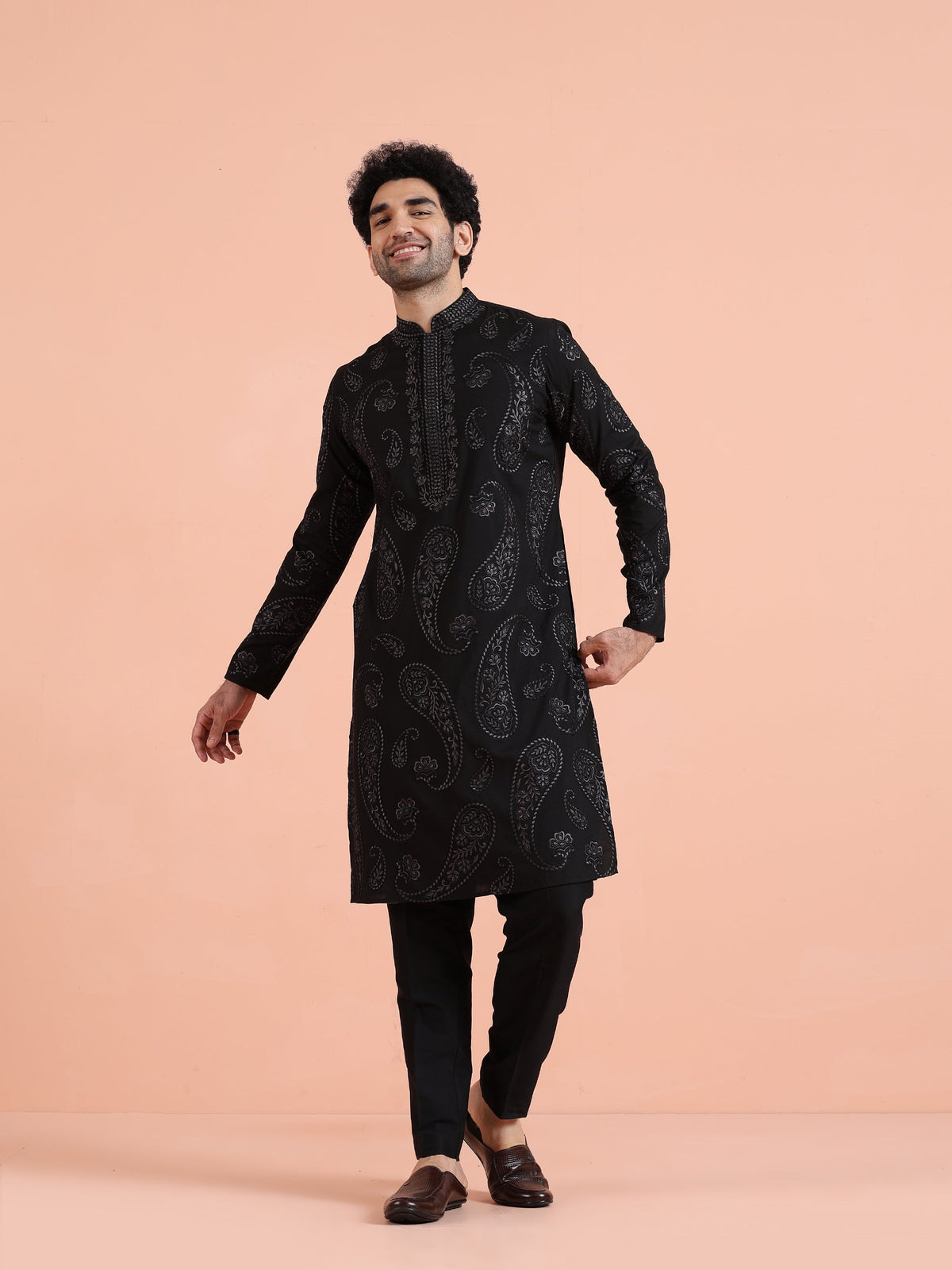 Black Embroidered Silk Blend Kurta