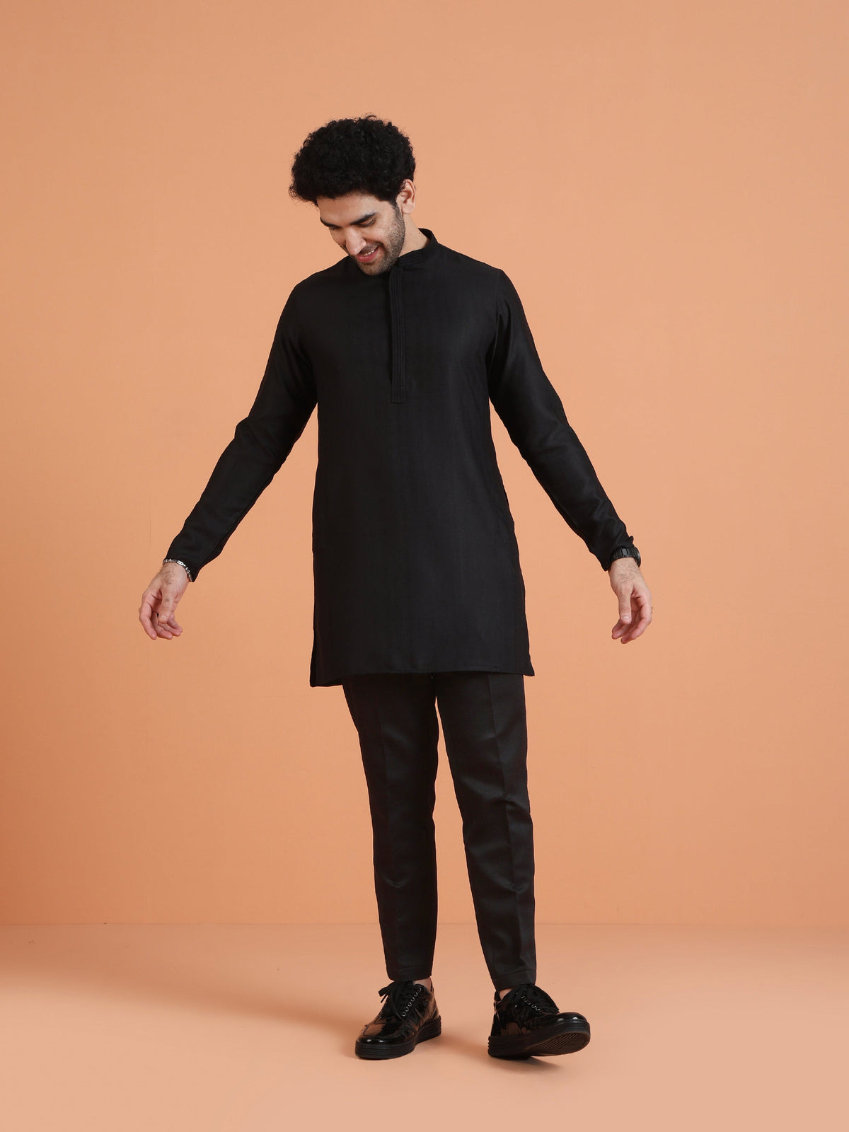 Black Silk Blend Solid Mid Kurta