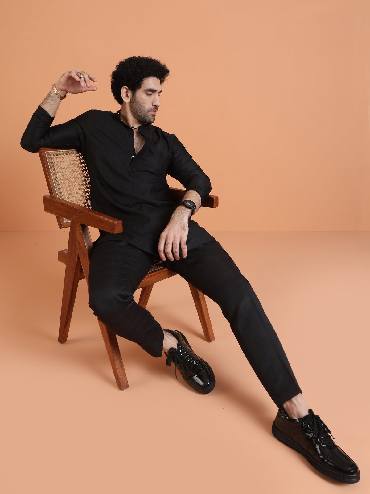 Black Silk Blend Solid Mid Kurta