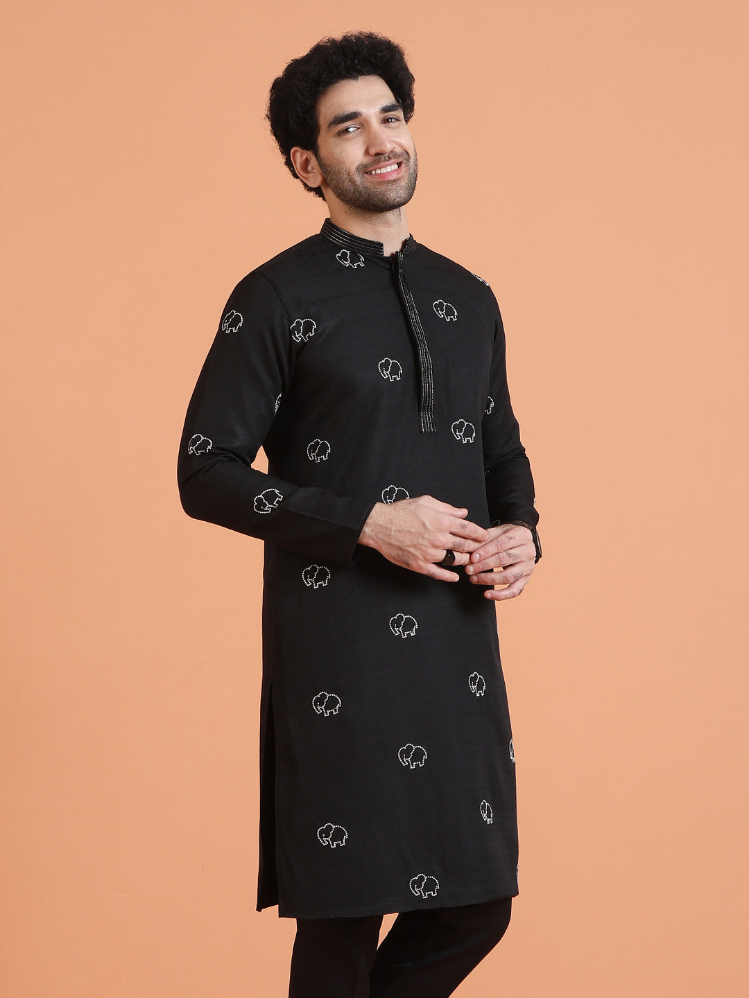 Black Cotton Silk Embroidered Kurta
