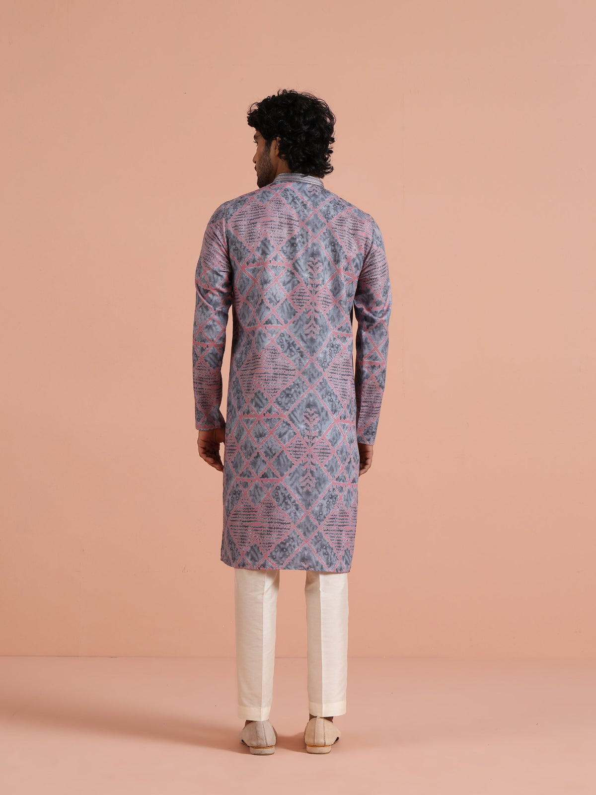 Grey & Pink Geometric Printed Kurta