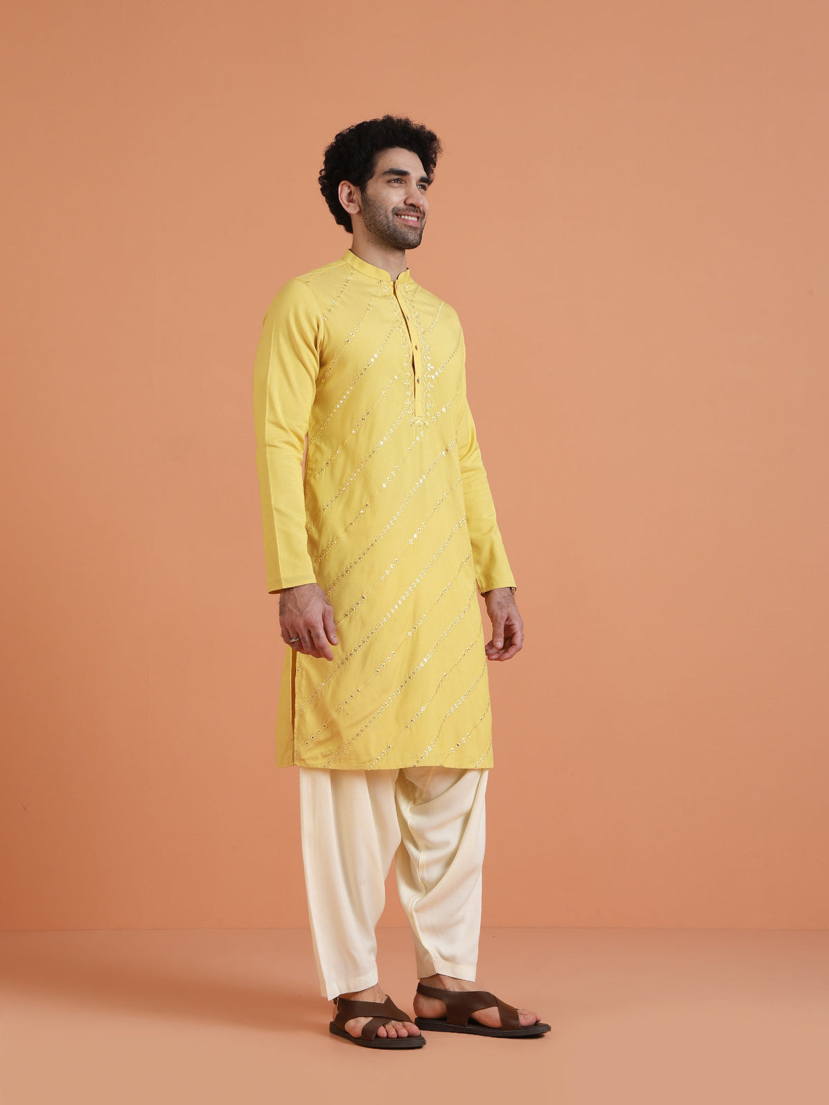 Yellow Cotton Silk Mirror Work Kurta