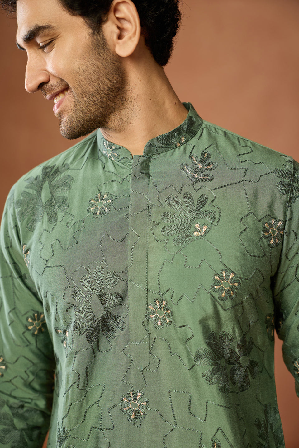 Green Floral Embroidered Silk Kurta