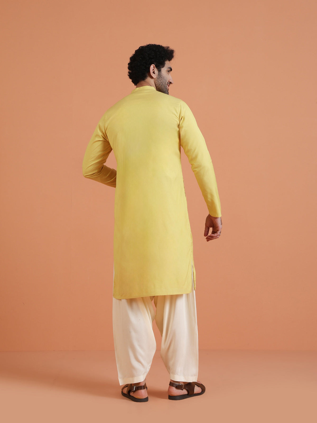 Yellow Cotton Silk Mirror Work Kurta