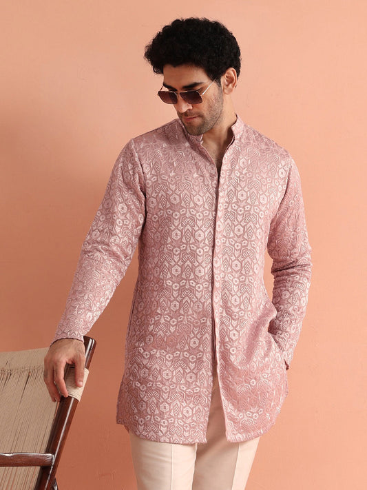 Pink Jacquard Silk Blend Mid Kurta