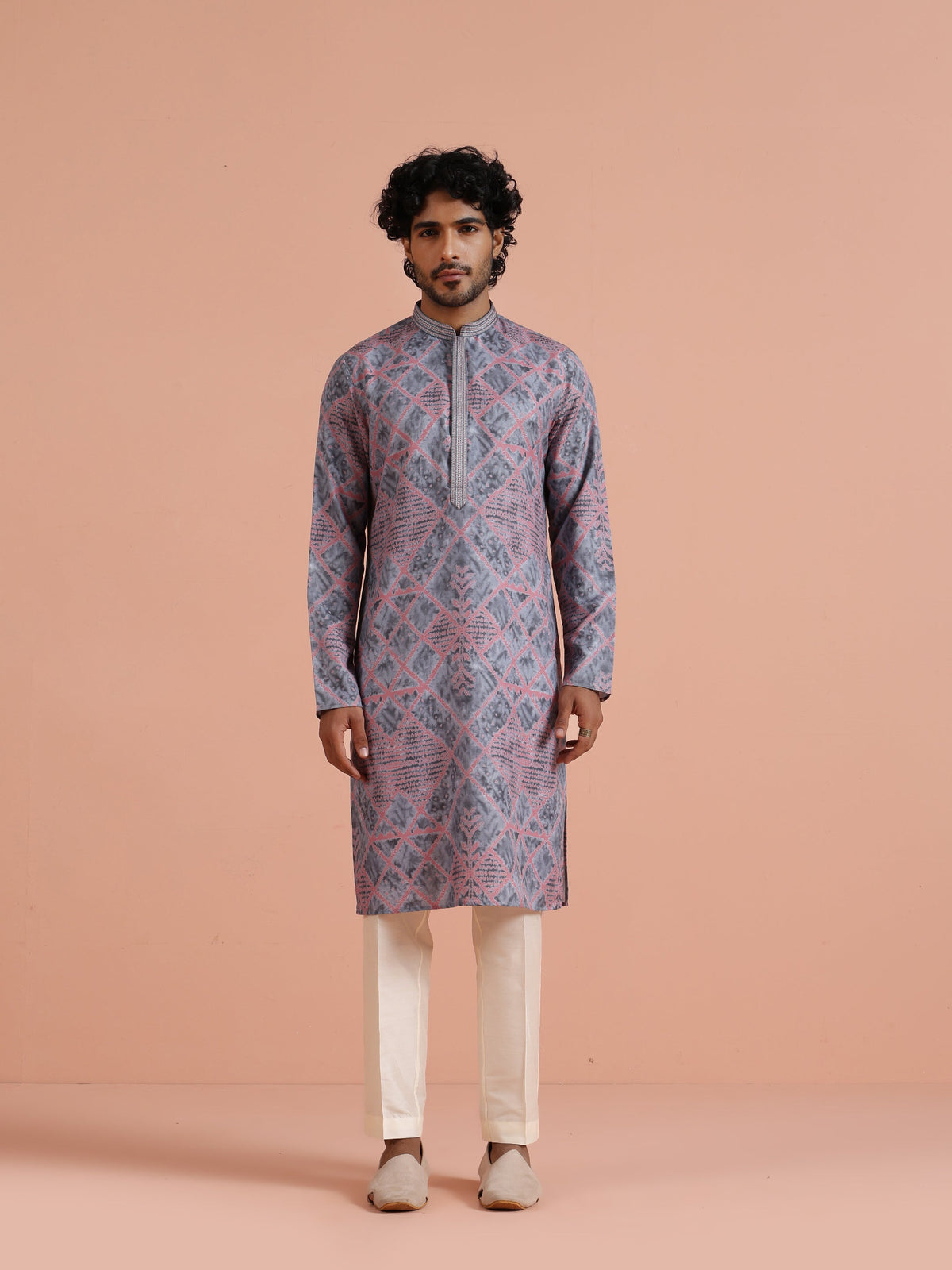 Grey & Pink Geometric Printed Kurta
