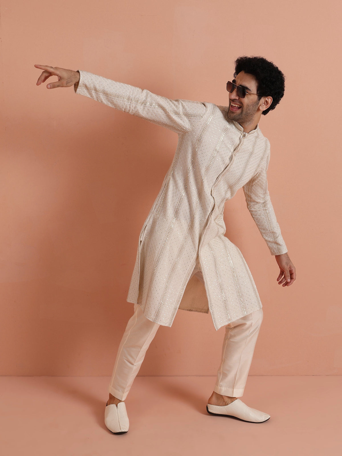 Cream Georgette Sequin Long Kurta