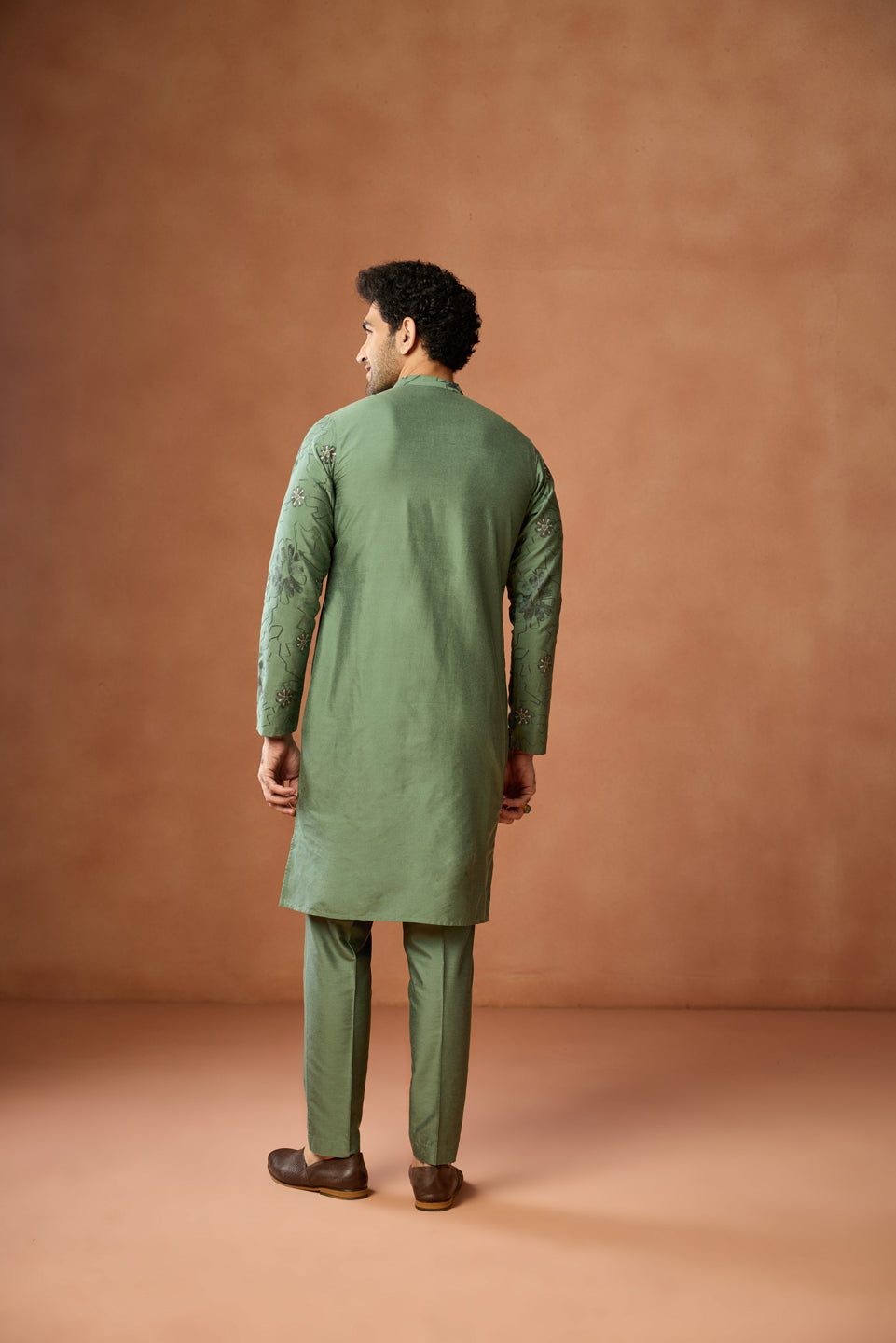 Green Floral Embroidered Silk Kurta