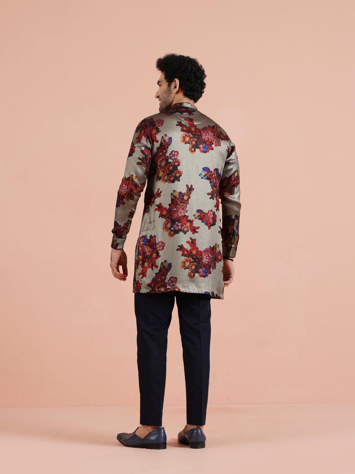 Grey Red Floral Printed Mid Kurta