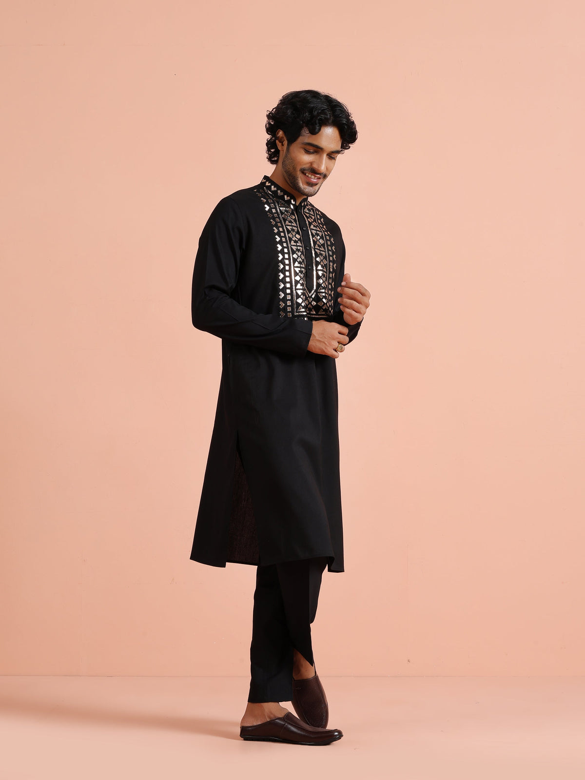 Black Metallic Embroidered Silk Kurta
