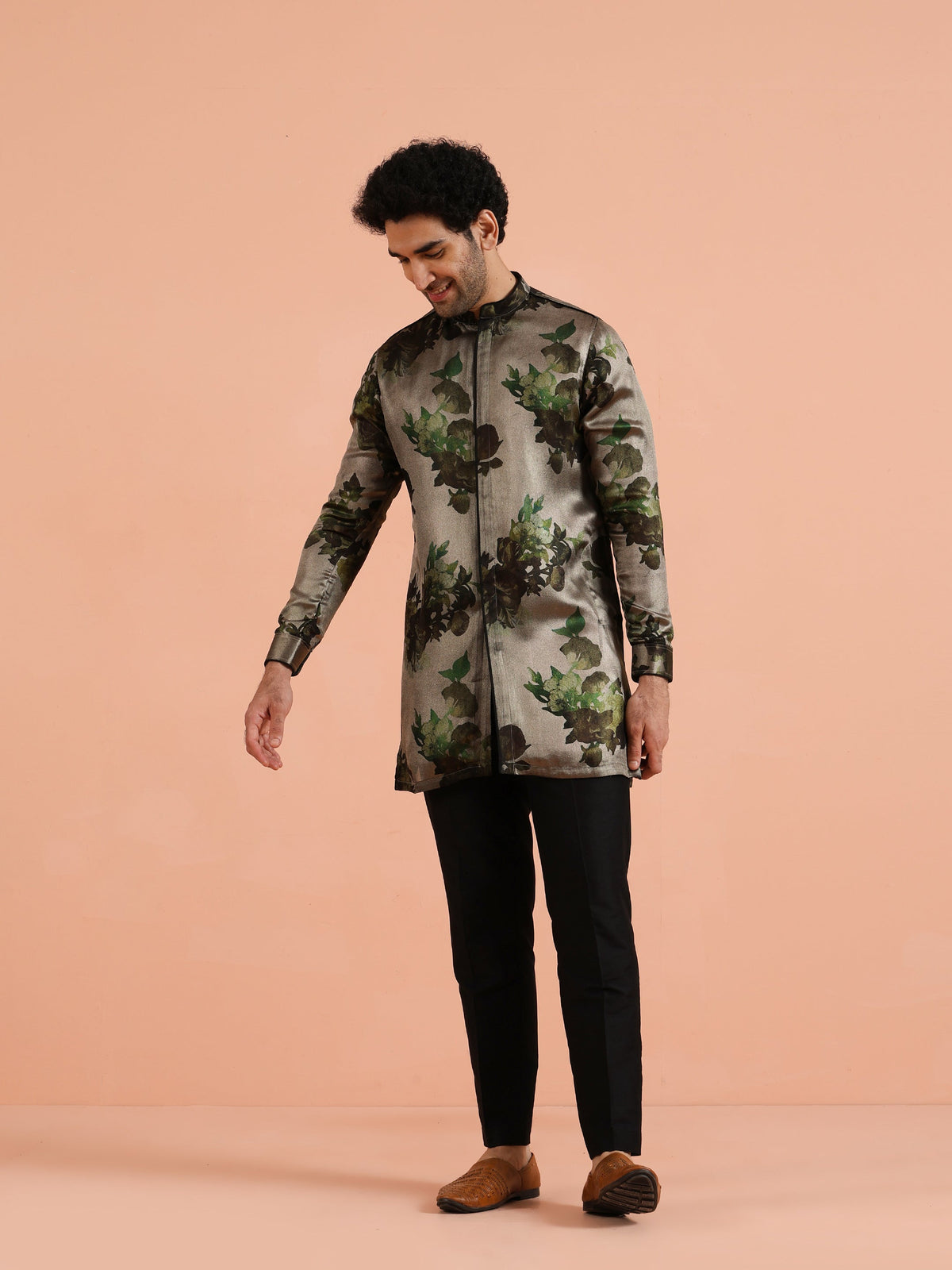 Grey Floral Printed Mid Kurta