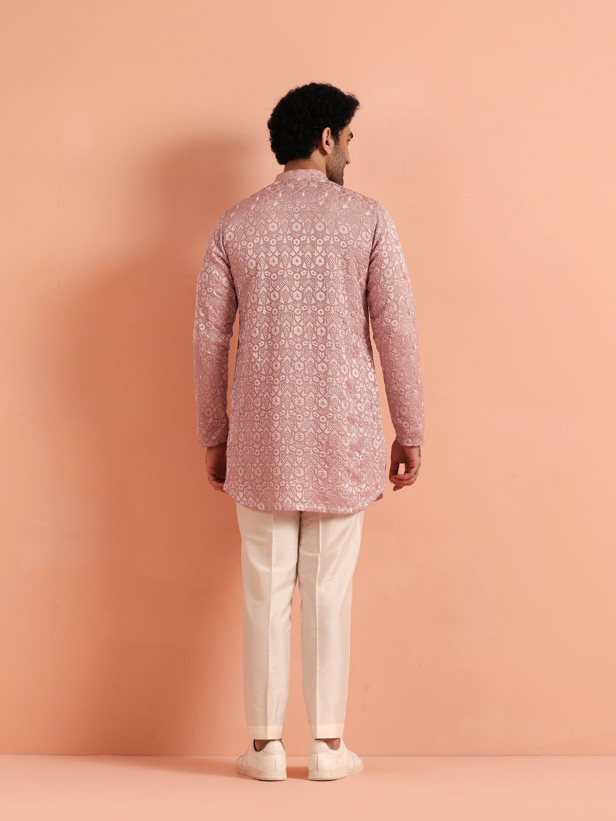 Pink Jacquard Silk Blend Mid Kurta