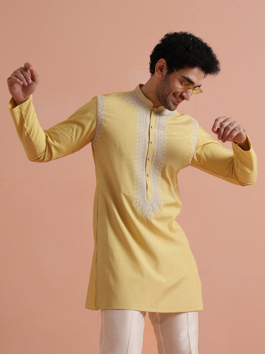 Yellow Poly Silk Embroidered Kurta