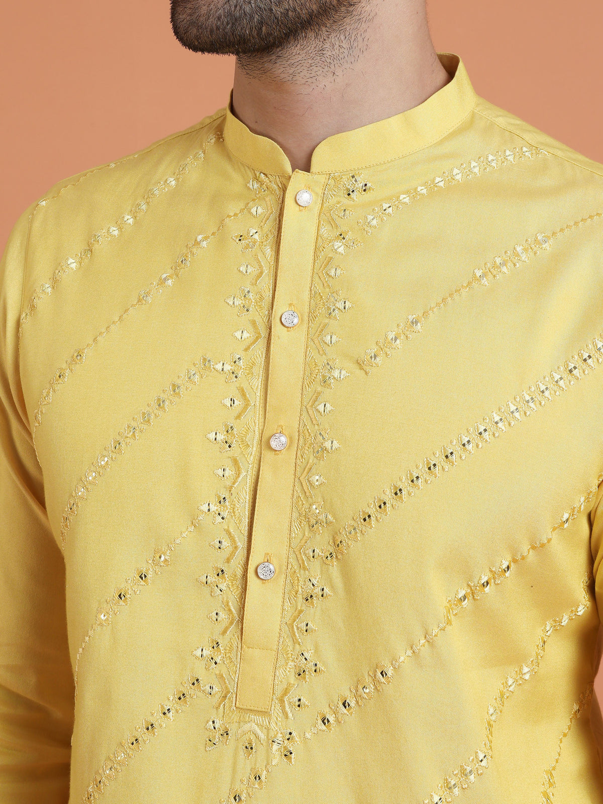 Yellow Cotton Silk Mirror Work Kurta