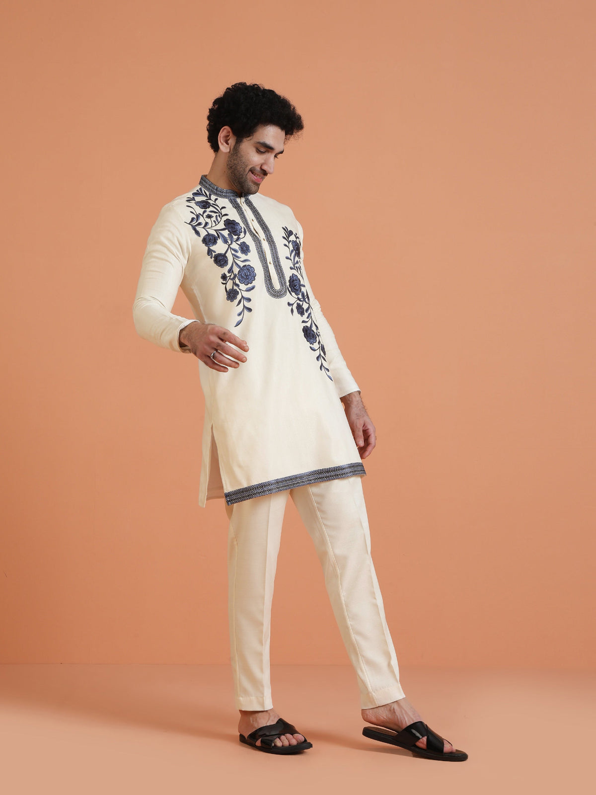 Cream Cotton Silk Embroidered Kurta