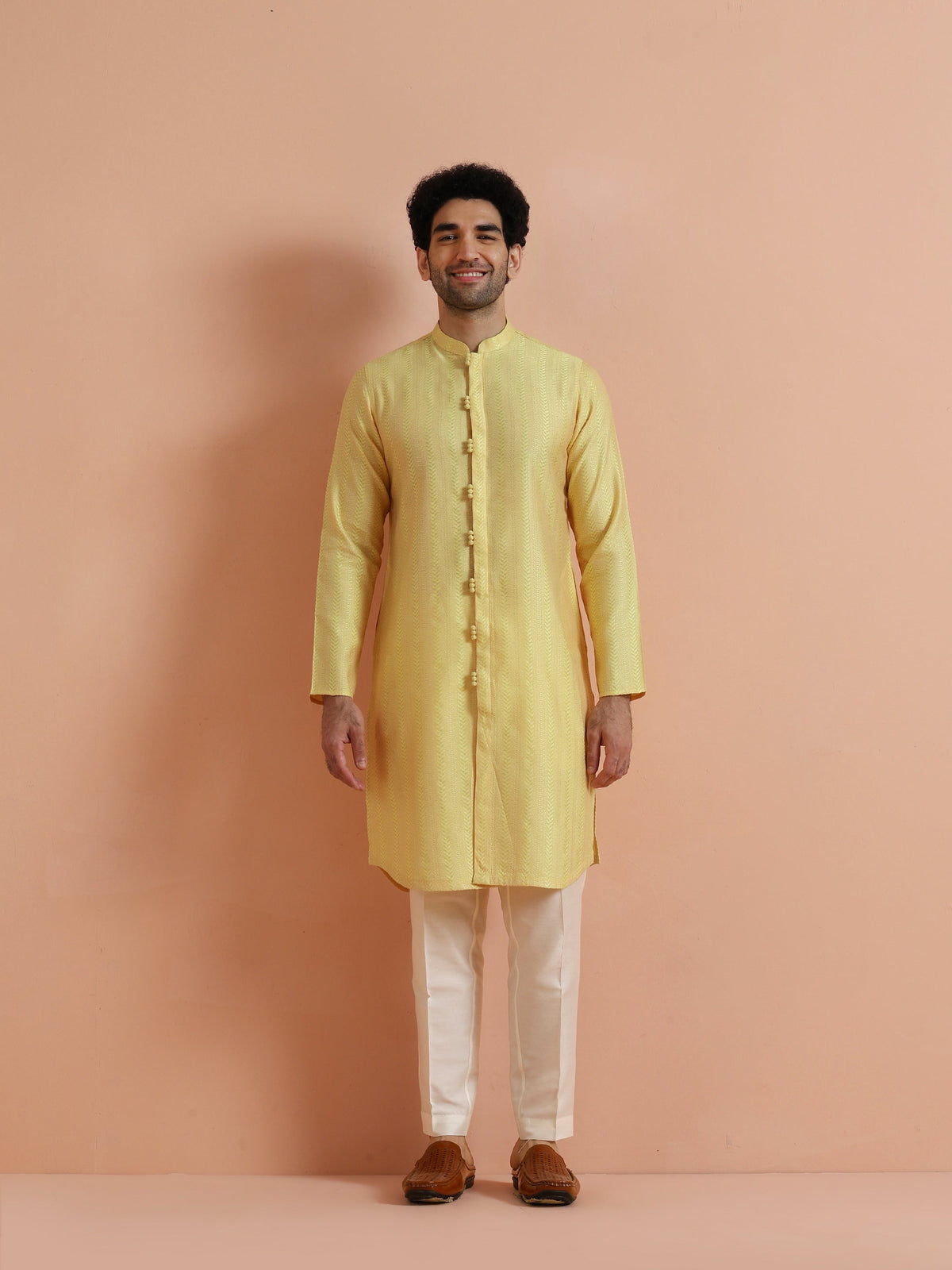 Yellow Jacquard Woven Kurta
