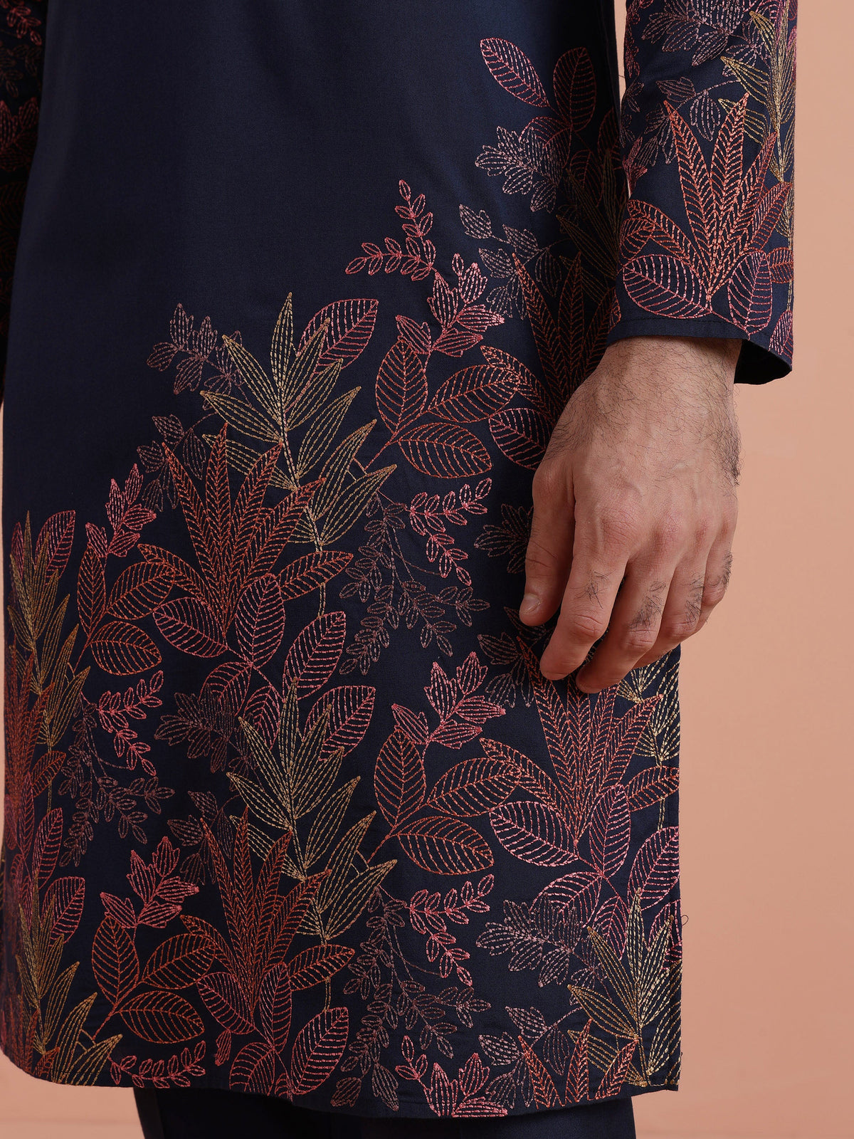 Navy Kurta with Red Embroidery