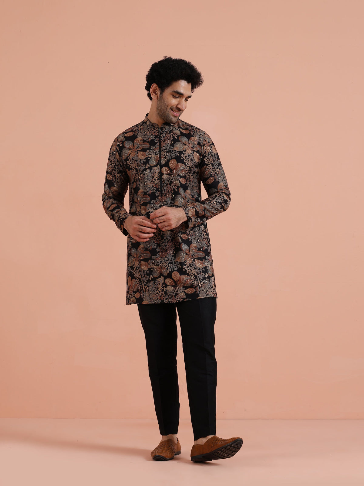 Black Kurta with Golden Floral Print