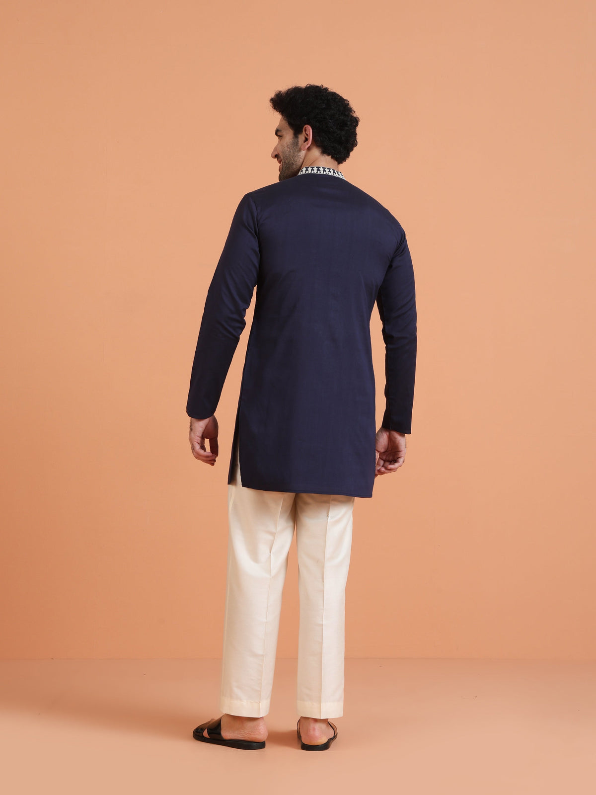 Navy Blue Cotton Silk Embroidered Mid Kurta
