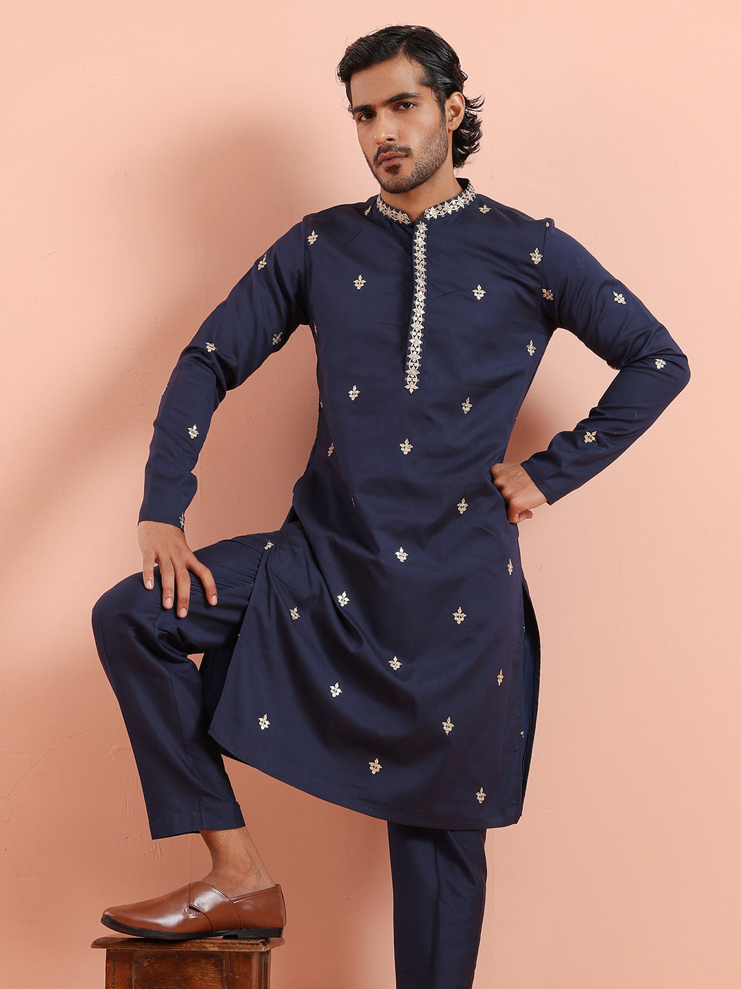 Navy Kurta with Delicate Embroidery
